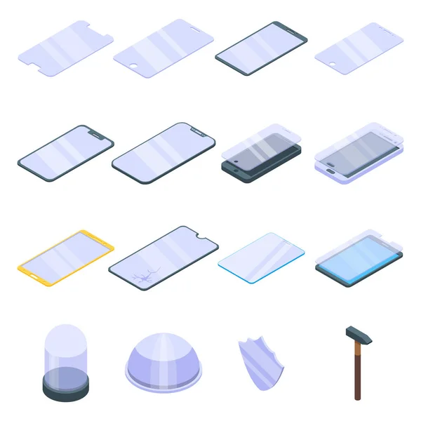 Conjunto de iconos de vidrio protector, estilo isométrico — Vector de stock