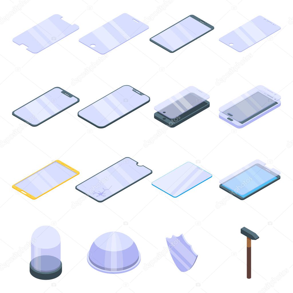 Protective glass icons set, isometric style