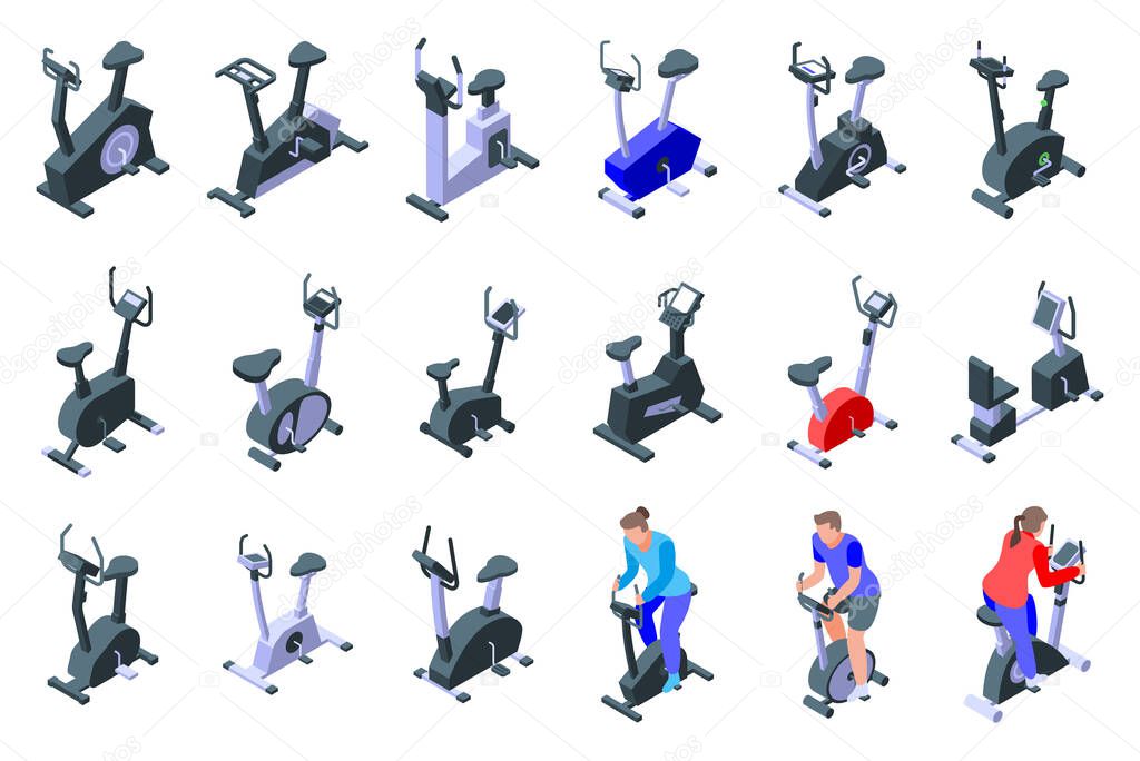 Exercise bike icons set. Isometric set of exercise bike vector icons for web design isolated on white background