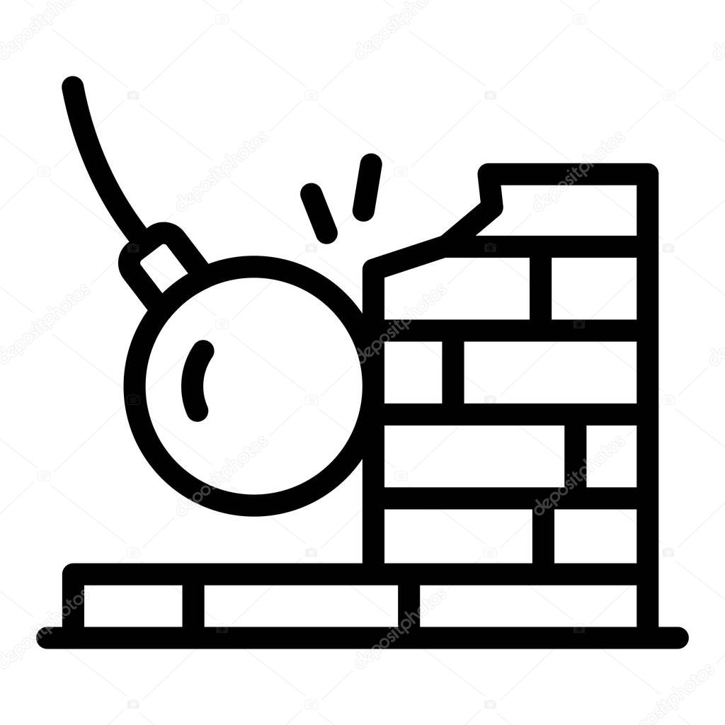 Wrecking ball on wall icon. Outline wrecking ball on wall vector icon for web design isolated on white background
