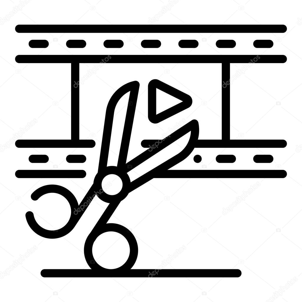 Video film and scissors icon. Outline video film and scissors vector icon for web design isolated on white background