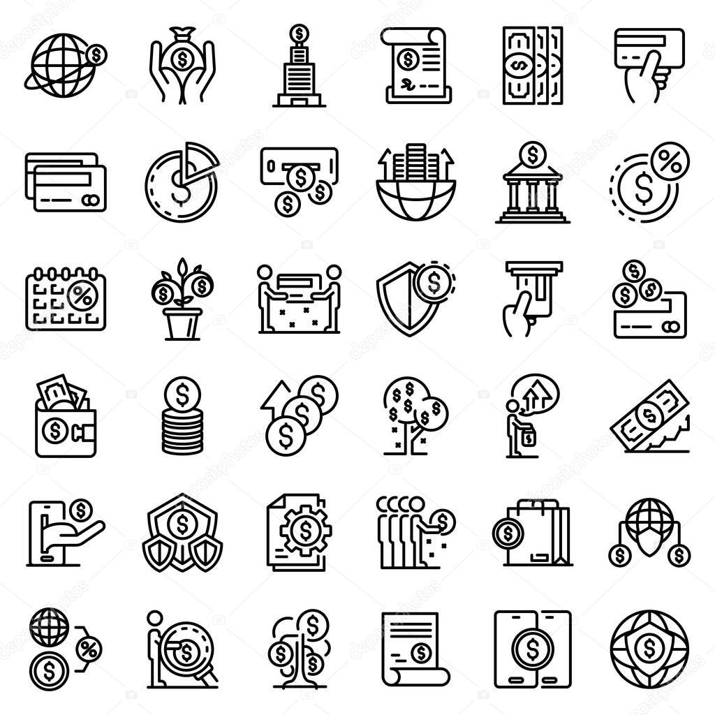 Credit union icons set. Outline set of credit union vector icons for web design isolated on white background