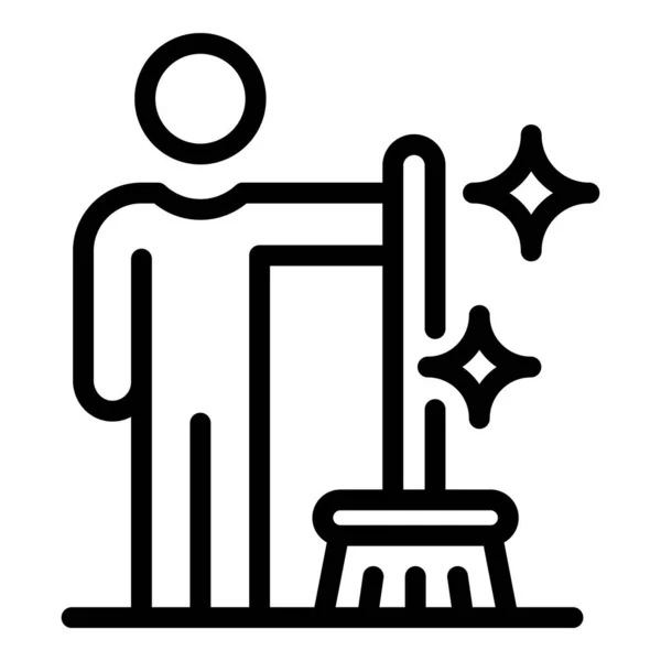 A man with broom icon, outline style — Stock Vector