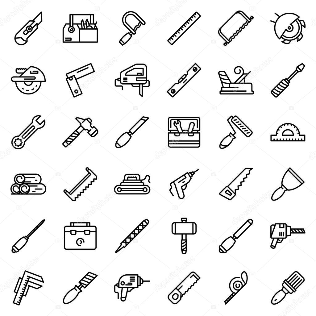 Carpenter tools icons set, outline style