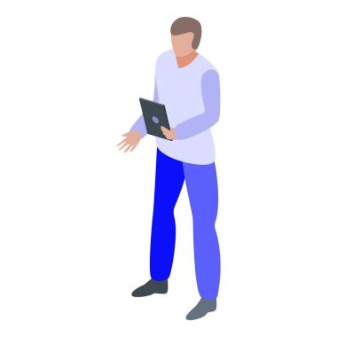 Tablet simgesi olan pazarlamacı çocuk, izometrik stil