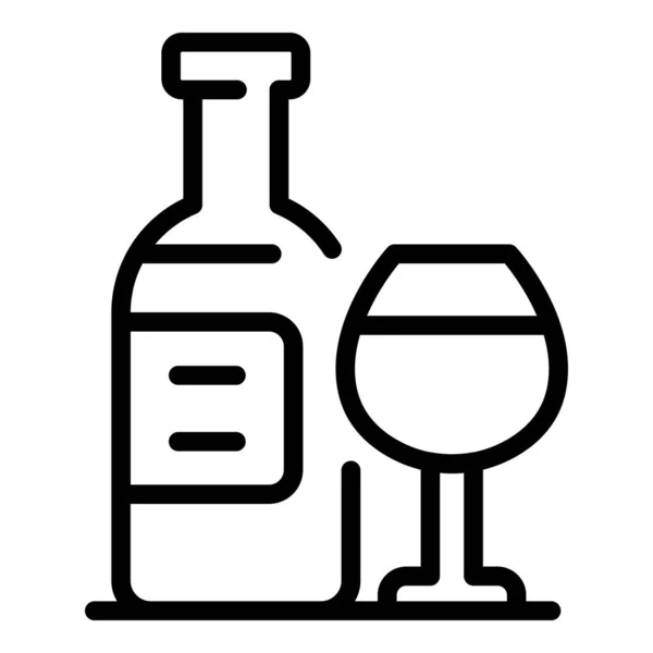 一瓶带有玻璃杯图标的葡萄酒,轮廓风格 — 图库矢量图片