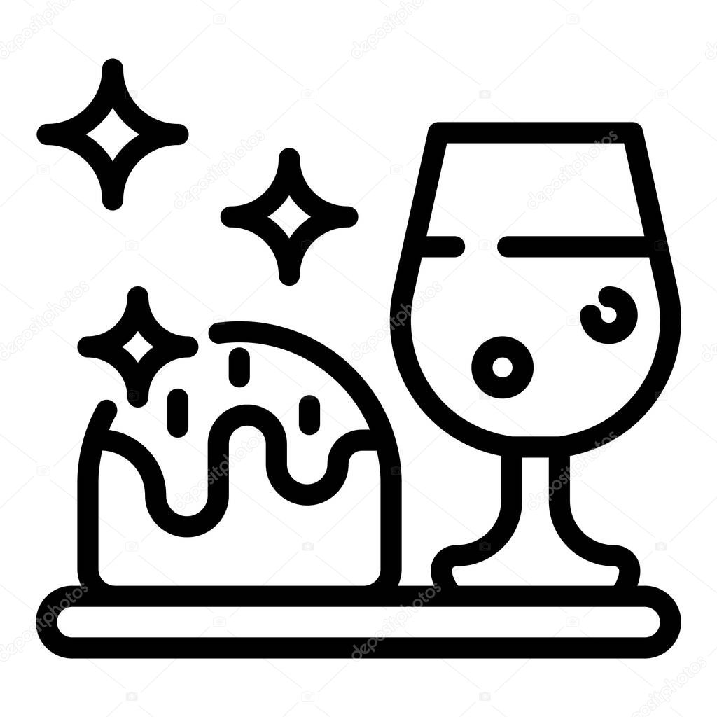 Glass with drink and cake icon, outline style