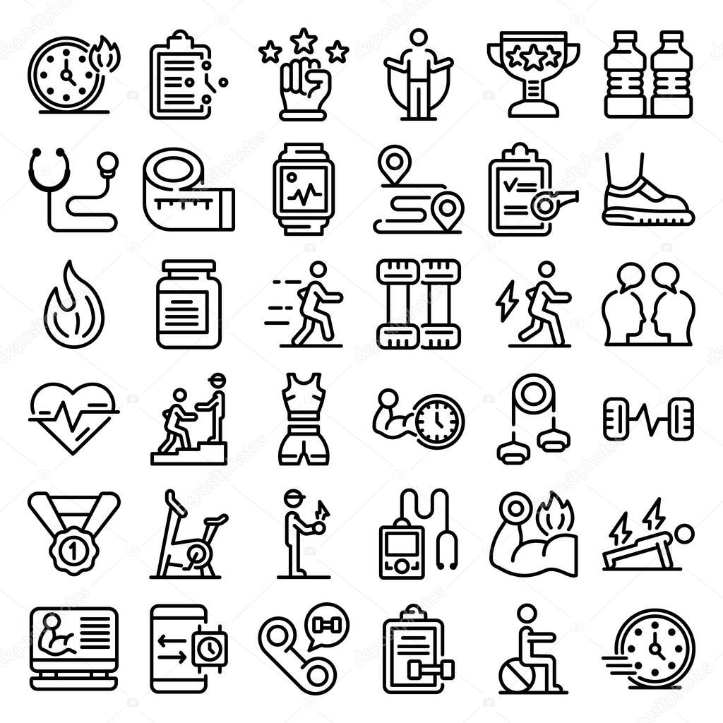 Personal trainer icons set. Outline set of personal trainer vector icons for web design isolated on white background