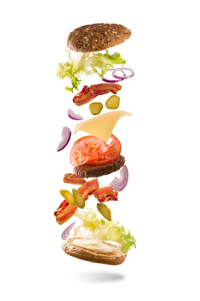 Latający Burger Izolowany Białym Tle — Zdjęcie stockowe