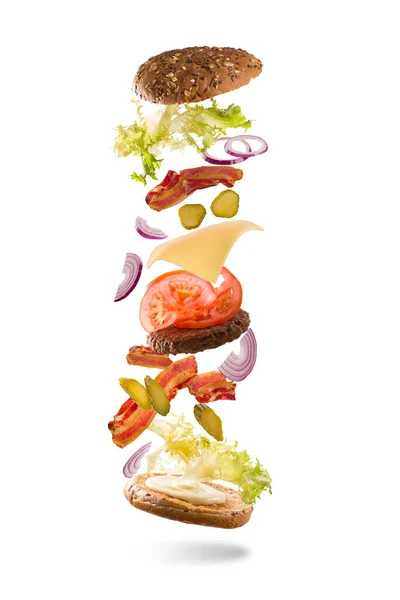 Flying Burger Isolated White Background Stock Image