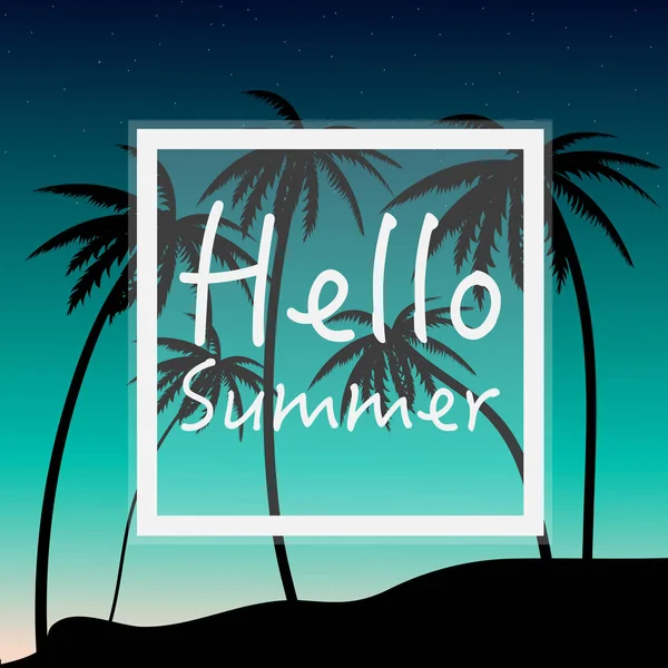 Hallo Summer wallpaper met palmbomen en zonsondergang. — Stockvector