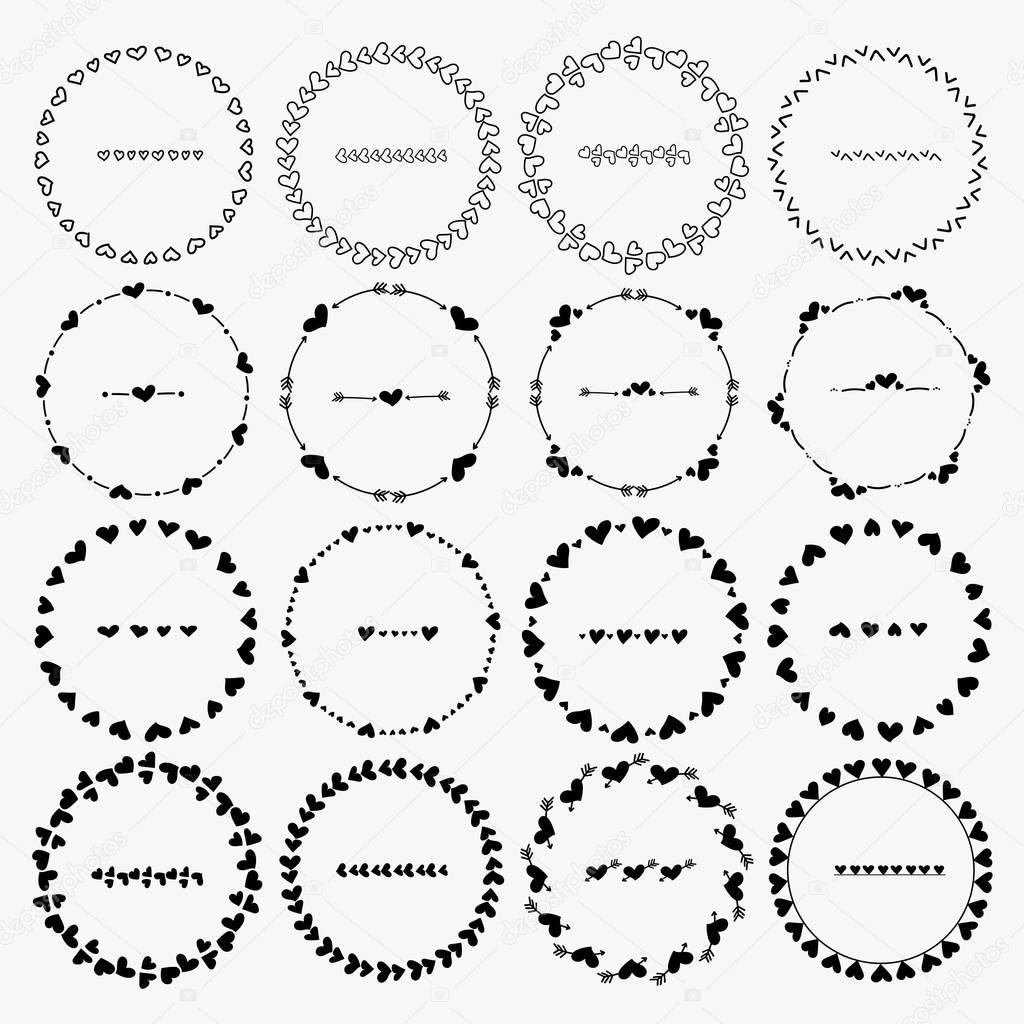 Vector Set Of Round Frames For Decoration. Line Heart Handmade.