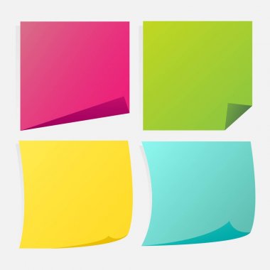  Not kağıtları itme, mesajınız için hazır ile farklı renkli sayfa topluluğu. Beyaz arka plan üzerinde izole. Önden Görünüm.  