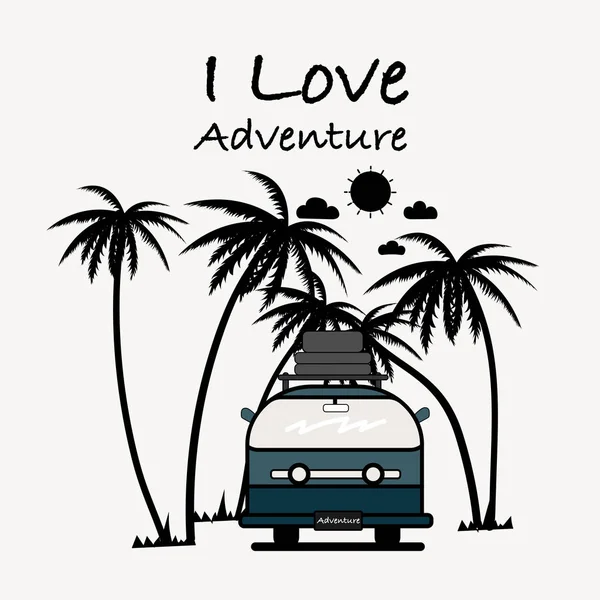 I Love Adventure typography with van and coconut palm tree. — Stock Vector