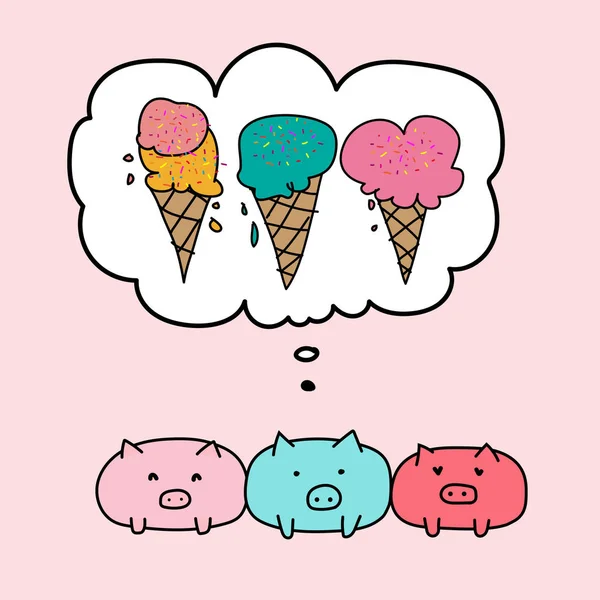 Cute Pig And Bubbles With Ice Cream. — Stock Vector