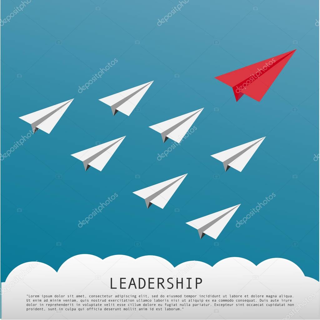 Business Leadership Concept With Red Paper Plane Leading White Airplanes. Vector Illustration.