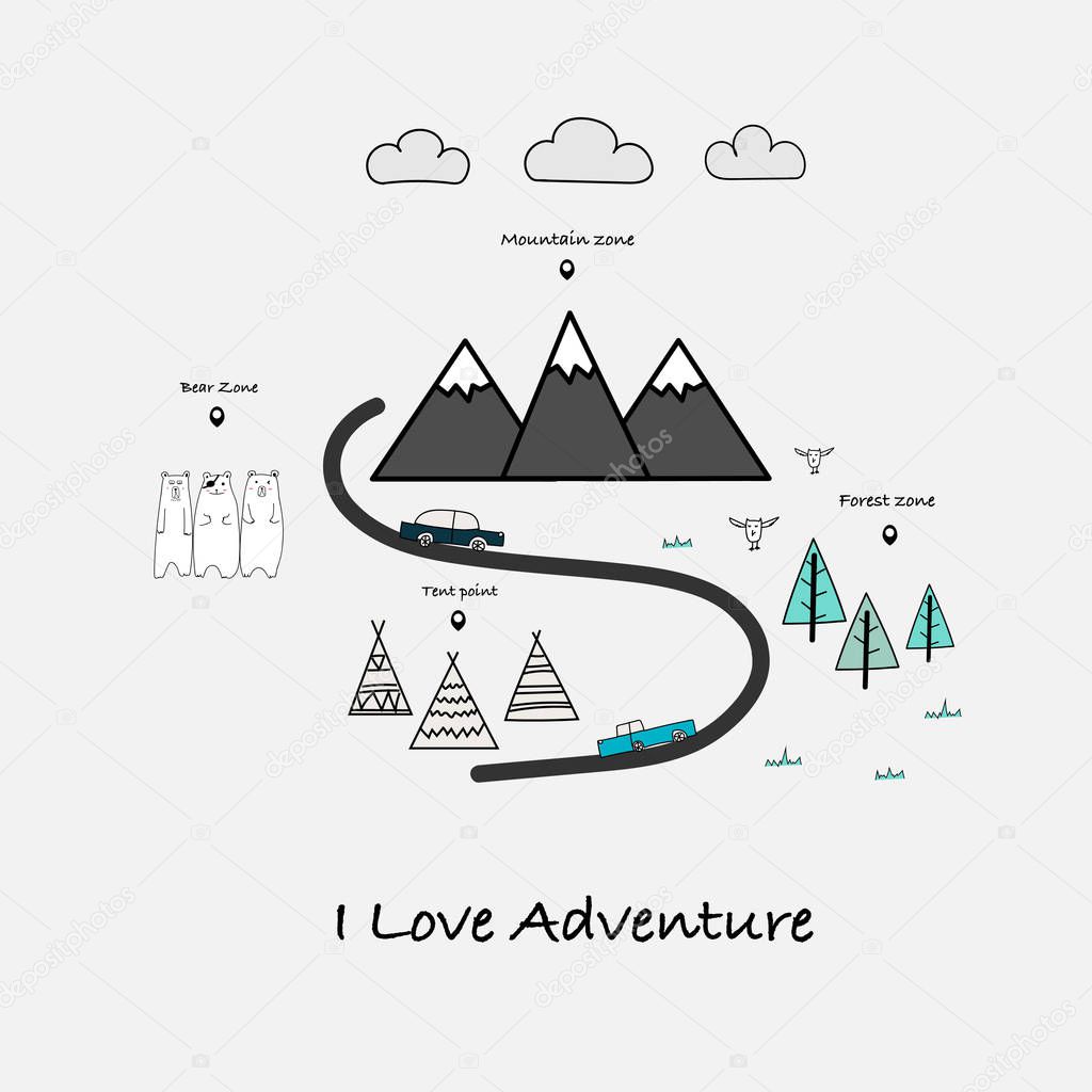 I Love Adventure typography with car, bear, tent, mountains and forest tree. Vector illustration.