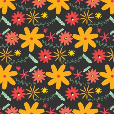 Çiçek ve yapraklı karalama şeklinde vektör deseni. Yumuşak, bahar çiçekli arka plan.