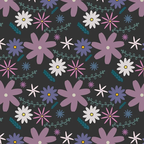 Modèle floral vectoriel en style doodle avec des fleurs et des feuilles. Doux, fond floral de printemps. — Image vectorielle