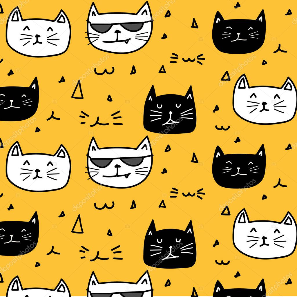 Hand drawn cats vector pattern. Doodle art.