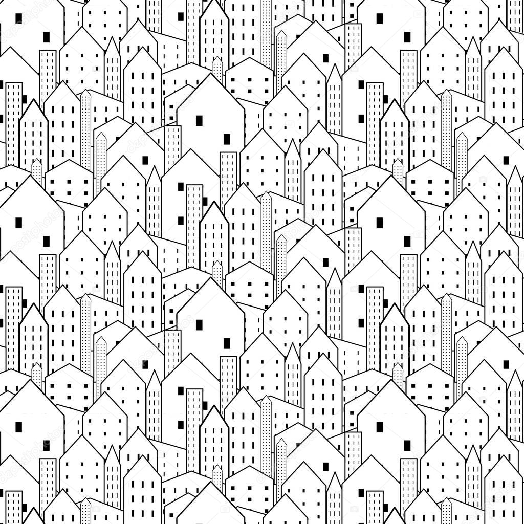 City seamless pattern in black and white is repetitive texture.