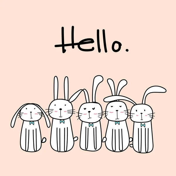 Hand Drawn Cute Bunnies With Say Hello. — Stock Vector