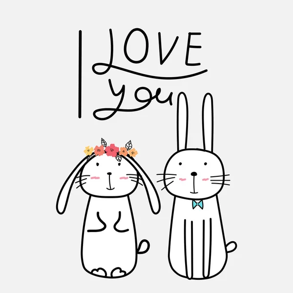 Hand dras söta kaniner med ”I Love You” typografi. — Stock vektor
