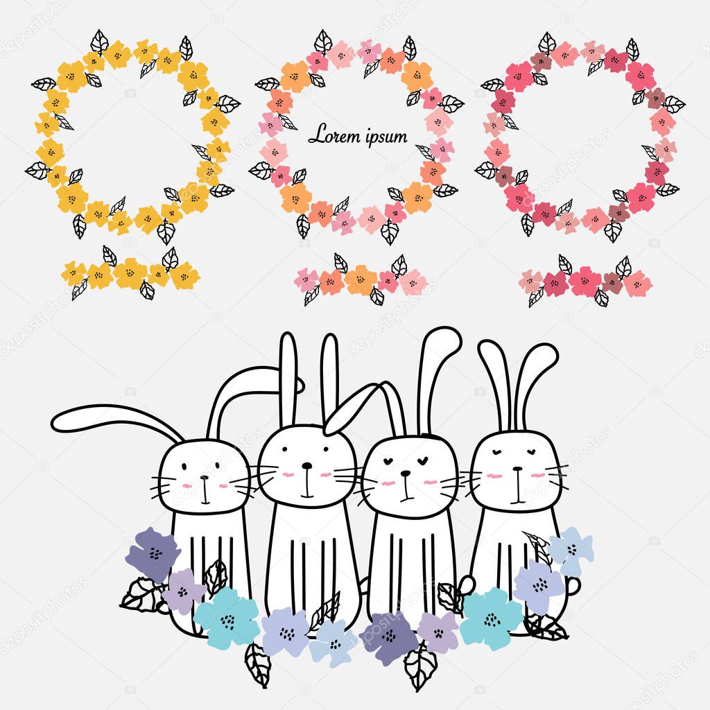 Set Of Hand Drawn Floral Frames Card Decoration And Cute Bunny. Vector Illustration.