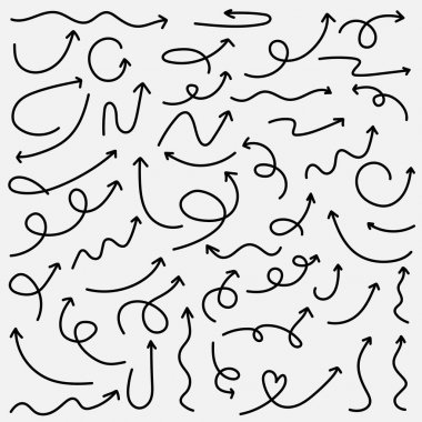 Elle çizilmiş okları Doodle vektör Set. 