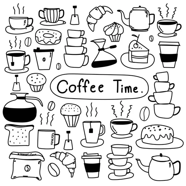 Lijn Hand getrokken Doodle Vector Set van koffie. — Stockvector