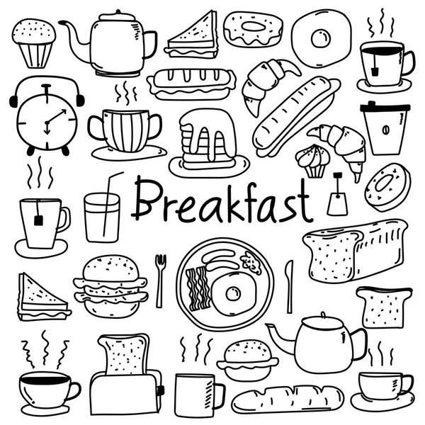 Lijn Hand getrokken Doodle Vector ontbijt Set. — Stockvector
