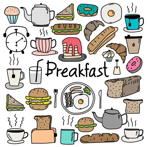 Doodle dibujado a mano Vector desayuno conjunto . — Archivo Imágenes Vectoriales