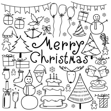 Satır elle çizilmiş Doodle vektör neşeli Noel Set.