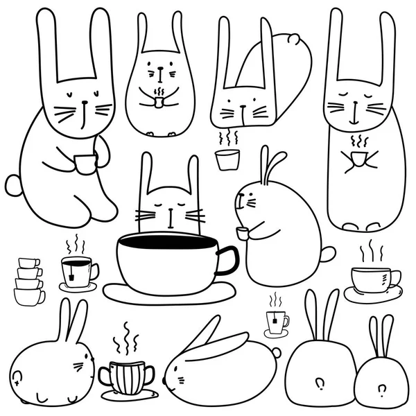 Personagens de coelhinho bonito desenhado à mão com conjunto de café. Doodle Art . —  Vetores de Stock