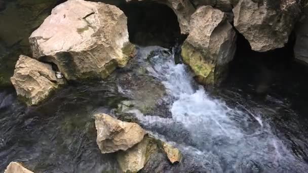 El agua de este arroyo cristalino está fluyendo por muchas cascadas románticas pequeñas sobre arrecifes de roca caliza . — Vídeo de stock