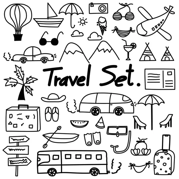 Elle çizilmiş doodle seyahat seti. 