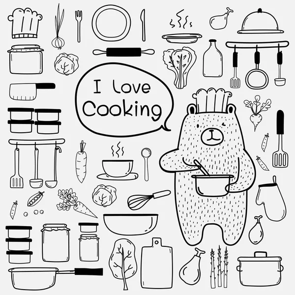 Oso Chef Está Cocinando Decir Encanta Cocinar Línea Dibujado Mano — Vector de stock