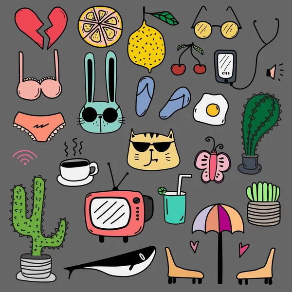 Set Colorato Doodle Lovely Vector Disegnato Mano Doodle Funny Set — Vettoriale Stock