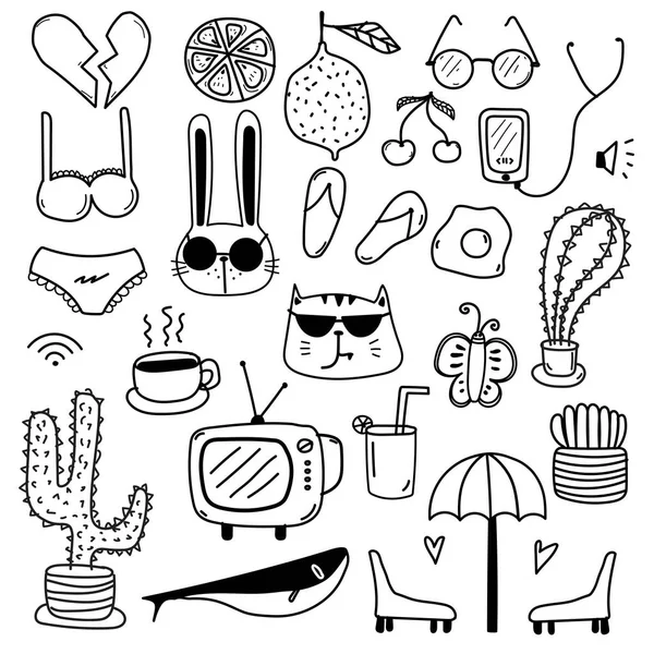 Mão Desenhado Doodle Lindo Conjunto Vectorl Doodle Funny Set Ilustração —  Vetores de Stock