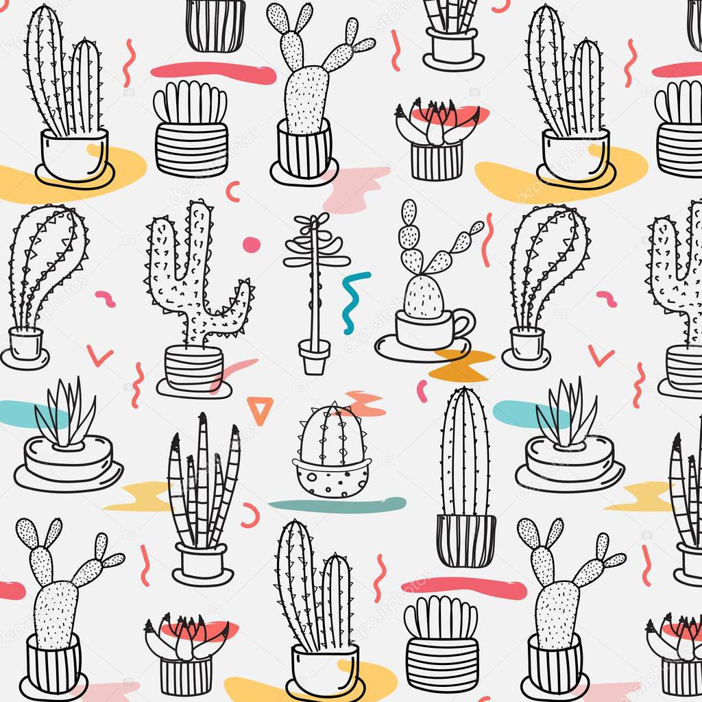 Hand Drawn Tropical Cactus Pattern. Hand Made Vector Illustration.
