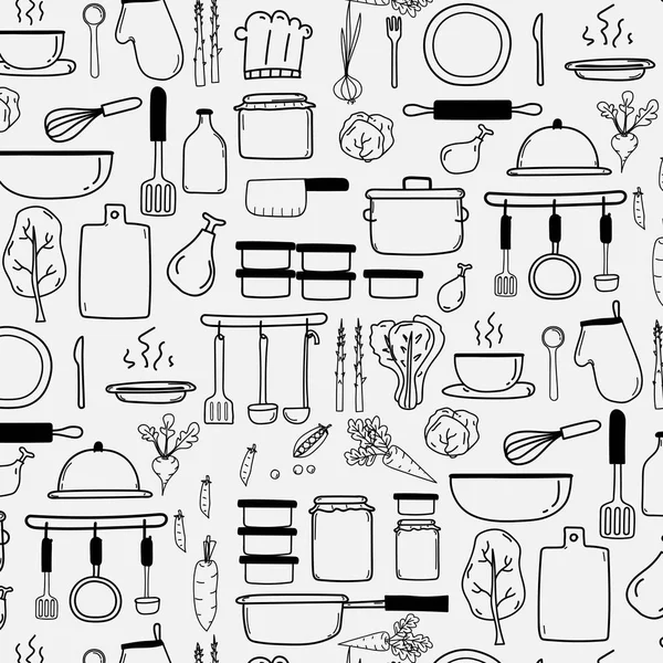 Patrón Con Línea Dibujado Mano Doodle Vector Cooking Set Incluyen — Vector de stock