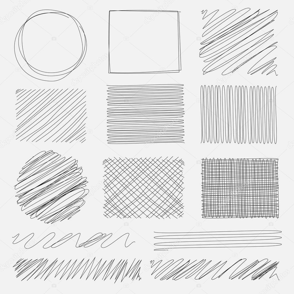 Vector set of line grunge brushes textures. Handmade Vector Illustration.