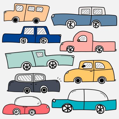 Elle çizilmiş vektör araçları kümesi. Ulaşım topluluğu.