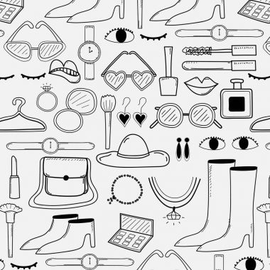 Elle çizilmiş moda tasarım öğeleri arka plan deseni. El yapımı vektör çizim.