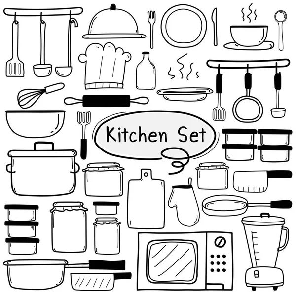 Línea Dibujado Mano Doodle Vector Conjunto Cocina Incluyen Equipo Cocina — Archivo Imágenes Vectoriales