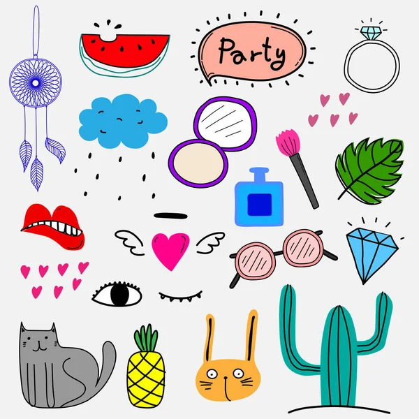 Mão Desenhado Doodle Vector Colorido Party Set Coleção Elementos Design —  Vetores de Stock