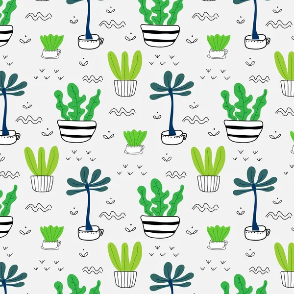 Muster Mit Handgezeichneten Pflanzen Töpfen Vektor Illustration Hintergrund — Stockvektor
