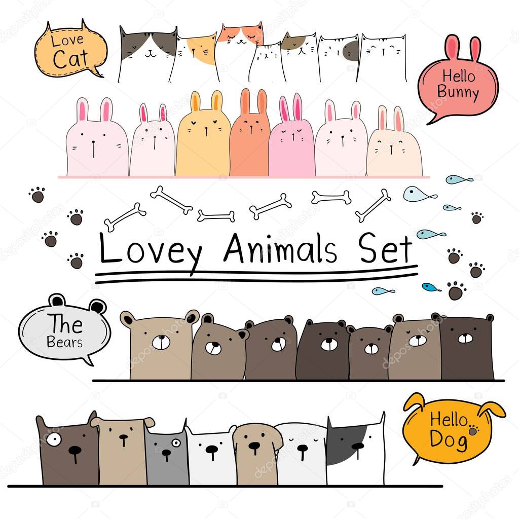 Hand Drawn Doodle Cute Animal Set. Include Bear, Cat, Bunny And Dogs. Vector Illustration.