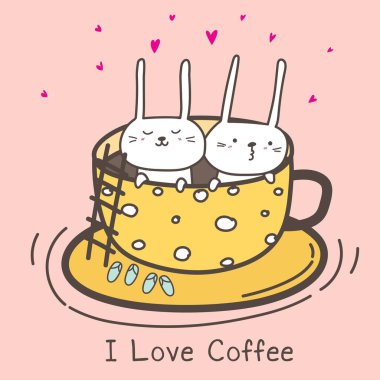 Sevimli tavşanlar Kupası'nda. Ben kahve severim. Kahve Saati vektör çizim.