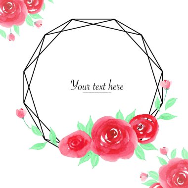 Çiçek suluboyalı geometrik çerçeve. Botanik kompozisyonu. Düğün kartı için dekoratif unsur. Davetiyeler Vektör illüstrasyonu.